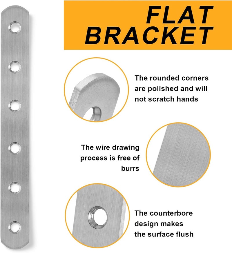 AUGHOA 4 PCS Straight Brackets, Stainless Steel Flat Straight Brace, 6 inch, Metal Brackets with 24 Screws for Furniture Repair Fixing - Image 3